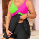 Plus Size Tummy Control Swimdress, Two piece Tankini with Shorts | V Neck, Twist Front, Removable Cups, High Waist Bottom, Adjustable Straps, Flowy Dress Top (Black, XL)