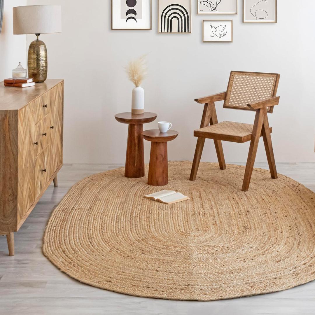 HOMEMONDE Reversible Oval Jute Area Rug - 5 x 8 ft Hand Woven Natural Fiber - Farmhouse Braided Rugs for Dining Room/Hallway/Office/Kitchen/Bedroom (Natural) (5' x 8' (Oval))