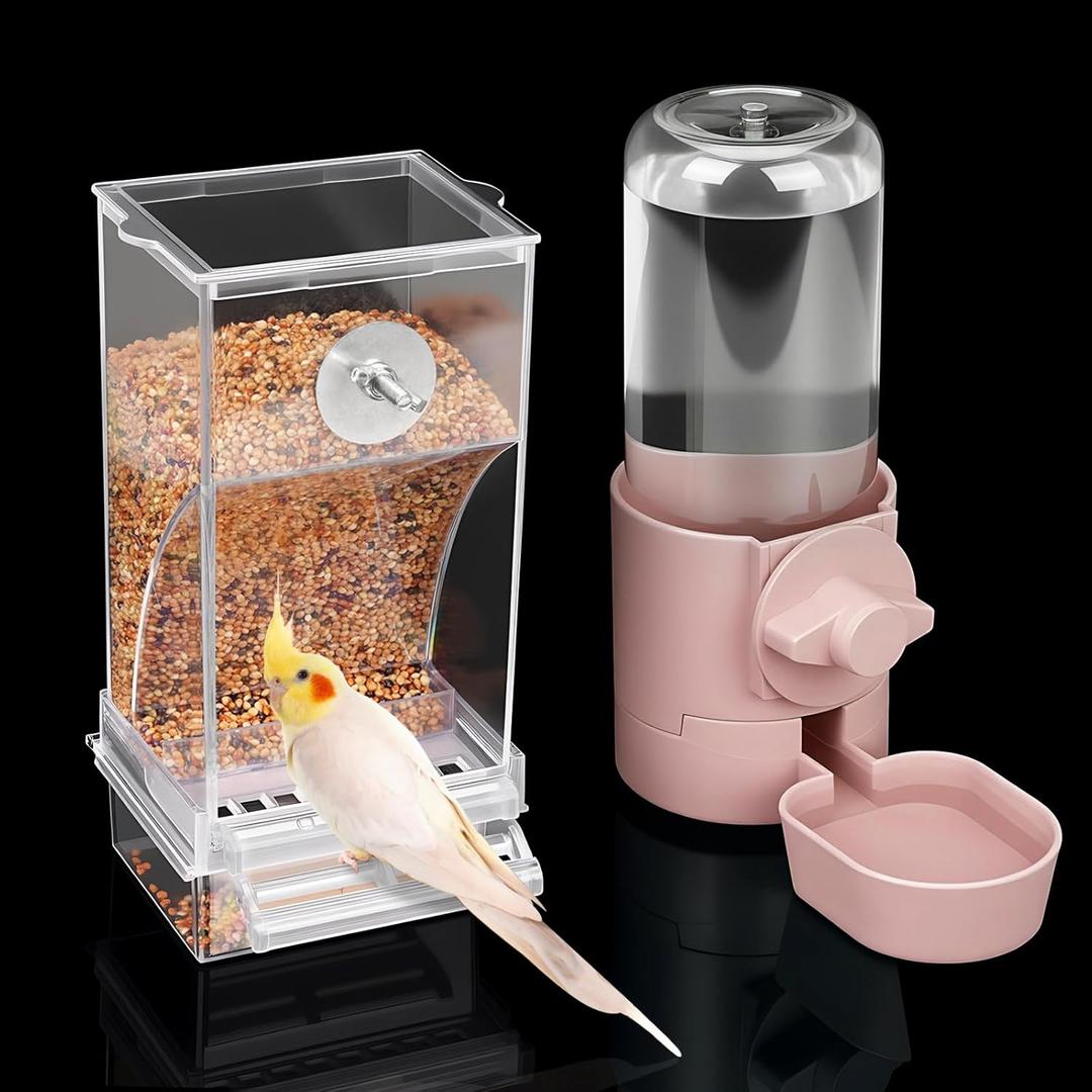 lemtrflo No Mess Bird Feeder Water Dispenser Set, Bird Feeder for Cage, Cage Accessories for Cockatiels, Finches, Budgies and Canaries (pink)
