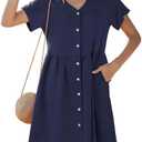 GRAPENT Linen Dresses for Women Casual Summer Babydoll Button Down Short Sleeve V Neck Above Knee Dress with Pockets, Size Large