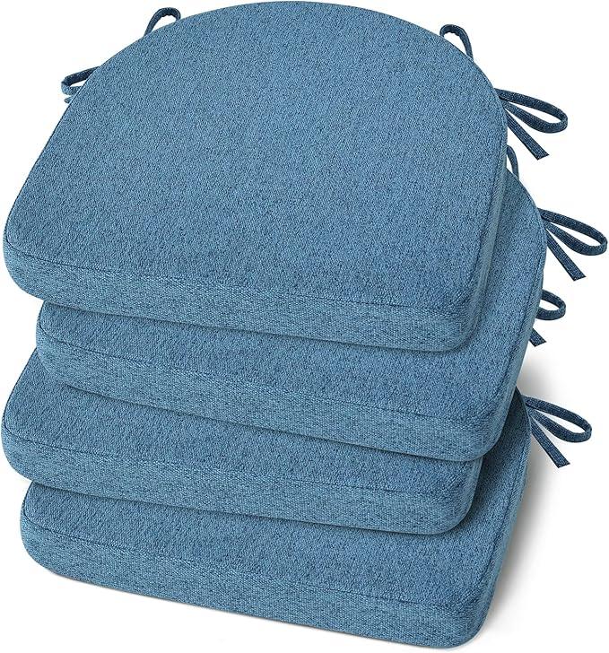 Shinnwa Kitchen Chair Cushions Set of 4, Non-Slip Dining Chair Cushions with Ties and Machine Washable Cover, 4 Pack, 17 x 16.5 x 2in, Blue