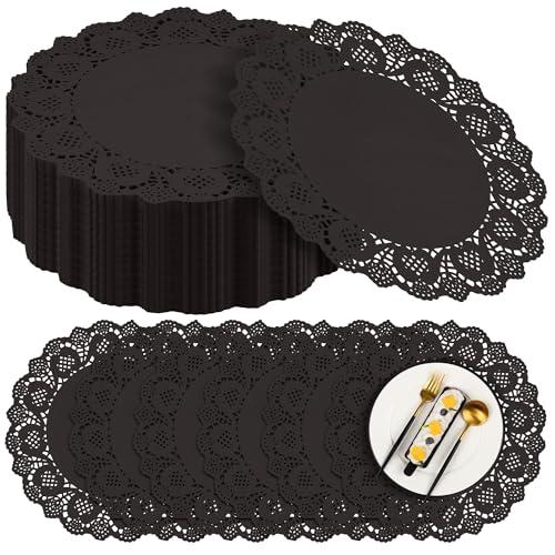 MCEAST 300 Pack Round Black Paper Doilies 13.5 Inches Lace Paper Place Mats Rustic Scallop Doily Disposable Table Pads for Food Cakes Crafts Party Weddings Tableware Decor