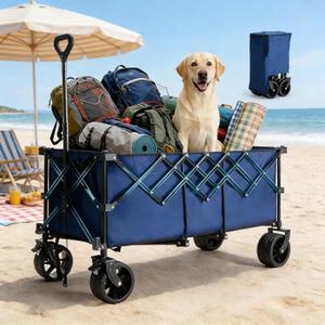 440LBS Heavy Duty Collapsible Wagon Cart - Extra Long Foldable Utility Wagon with All-Terrain Wheels, Portable Folding Grocery Cart for Camping, Beach, Garden, Sports, Shopping, Blue