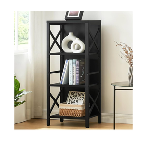 Small Bookshelf,4 Tier Industrial Bookcase with Metal Frame and Backboard,Narrow Black Book Shelf,Office Book case for Small Spaces,Living Room,Bedroom and Home Office