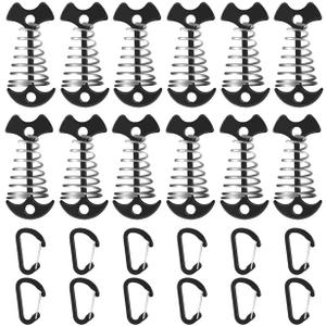 12 Pack Deck Anchors Pegs with Carabiners - Aluminum Rope Tensioner; Tent Tie Down Stakes, Windproof Canopy Tent Anchors, Outdoor Camping Accessories (Black)