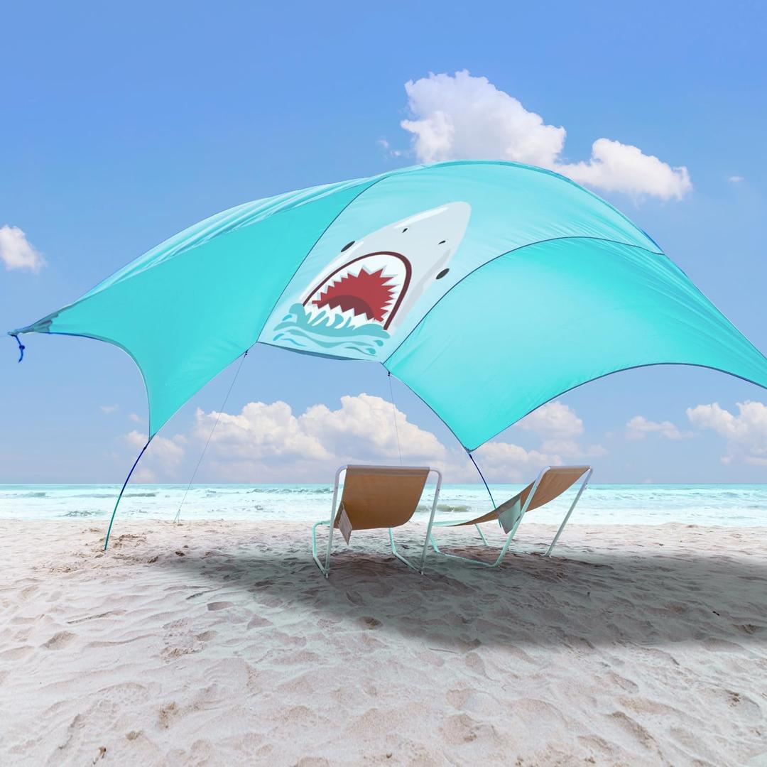 Beach Wind Shade Canopy, Shade Sun Shelter Tent for Beach, Backyard, Grassland, Park, Light Weight, Easy Set Up, 150 Sq. Ft. of Shade for 3-6 People, Blue Tint Shark
