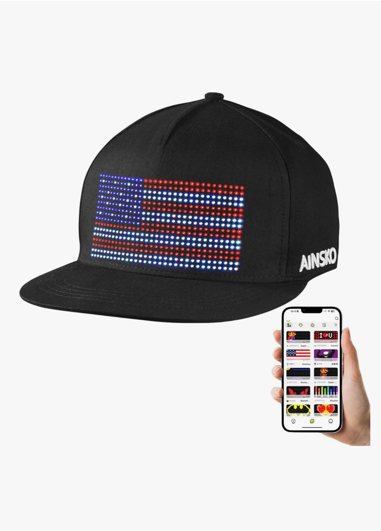 LED Snapback Hat Cap- Programmable APP-Control LED Scrolling Messages Light Up Display Baseball Cap Luminous Glowing Custom Hats for Men Party Club Black