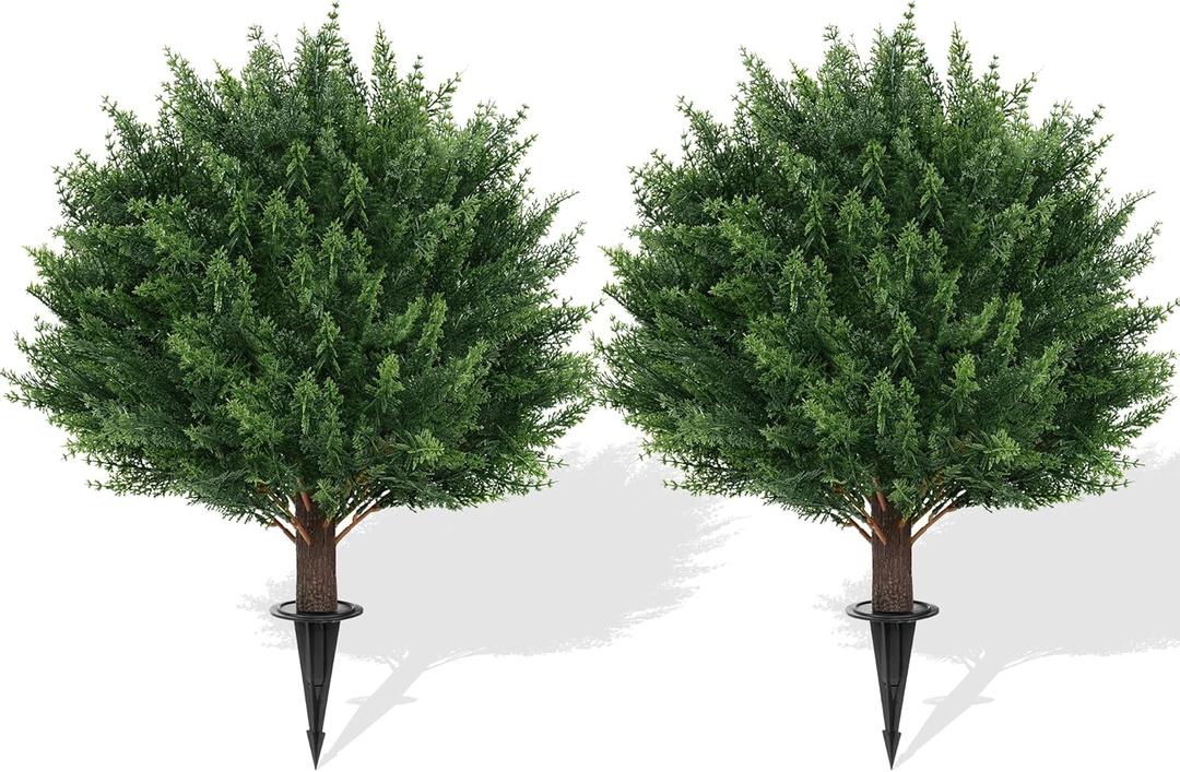 23 Inches Artificial Cedar Topiary Ball Trees with Ground Spike, 2 Pack UV Resistant Artificial Shrubs, Fake Evergreen Artificial Plant Bushes for Indoor Outdoor Front Porch Garden