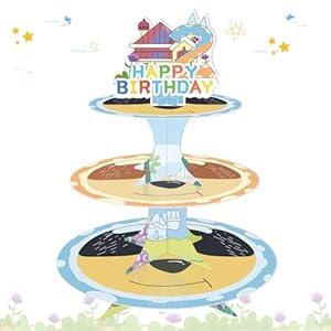 3-Tier Cartoon Blue Dog Cupcake Stand 2nd Cardboard Cake Stand Dessert Tower Holder for Girls Boys Blue Dog Theme Birthday Party Supplies Baby Shower Decorations