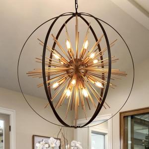 31.5" Black Gold Large Globe Sputnik Chandelier, 16-Light Mid Century Modern Industrial Starburst Golden Metal Satellite Light Fixture for High Ceiling Living Room Dining Room Foyer, E12, Globe D31"
