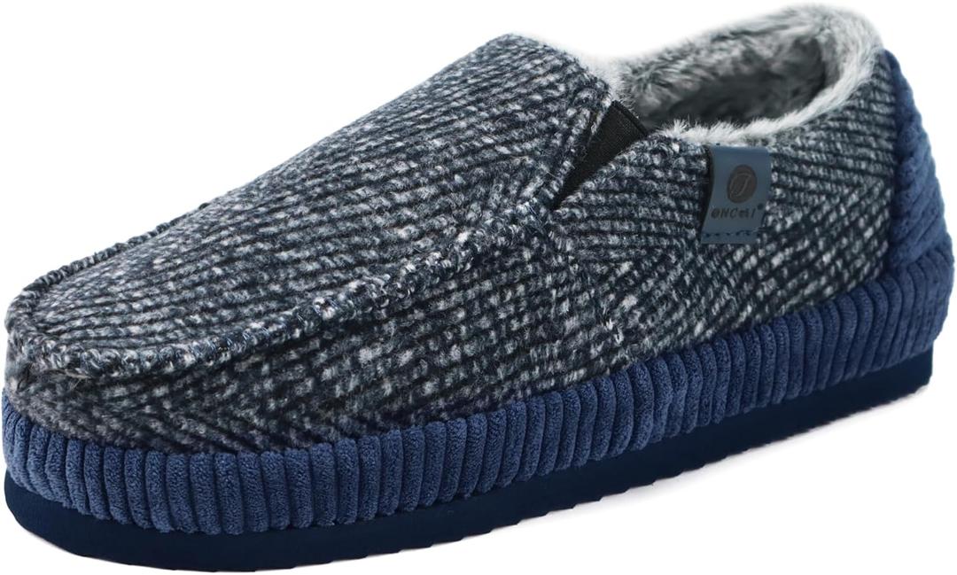 ONCAI Mens Clog Slippers with Arch Support Stripe Faux Fur Cotton-Blend High-Density Memory Foam Warm House Slippers Slip-on Indoor Outdoor Rubber Sole (10, Moccasins Blue/White)