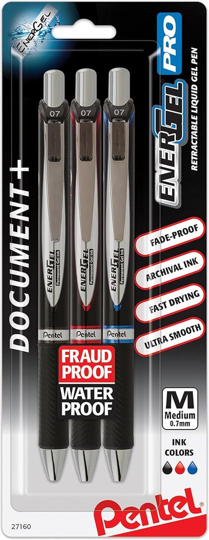 Pentel EnerGel Pro Permanent Gel Ink Pen, (0.7mm) Assorted Colors, 3 Pack (BLP77BP3M), black/red/blue