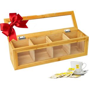 Tea Bag Organizer, Bamboo Tea Bag Holder, with Magnetic Lid & Window – 4 Compartments Tea Bag Storage for Kitchen Countertop – Eco-Friendly, Space-Saving & Giftable for Tea Lovers (13.5" x 4" x 4.1")
