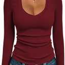 iGENJUN Women Long Sleeve V Neck Shirts for Women Business Casual Work Top Knit Slim Fit for Fall (Red, L)