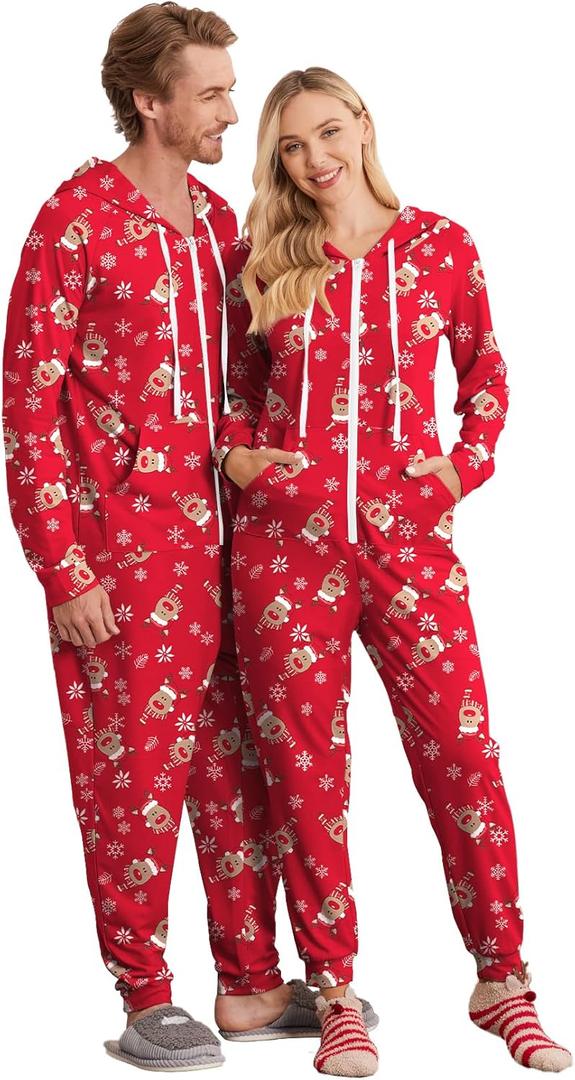 Ekouaer Christmas Onesie for Couples Zipper Hooded Adult Matching Onesie Pajamas with Pockets (X-Small, Reindeer)