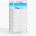 Furnulem White Nightstand with 5 Storage Drawer, Tall Dresser for Bedroom with Led Light and Charging Station, Side Table Nightstand for Closet, Fabric Bins, Metal Frame, Wood Shelf (White)
