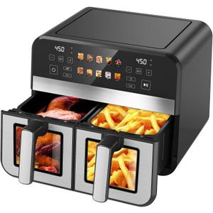 10QT Dual Basket Air Fryer, 12-in-1 Digital Air Fryer Oven with Visible Windows, 5QT x 2 Drawers, One-Touch LED Panel, Sync Finish, Dehydrate, Defrost, Roast, Bake, Reheat, Nonstick & Dishwasher Safe