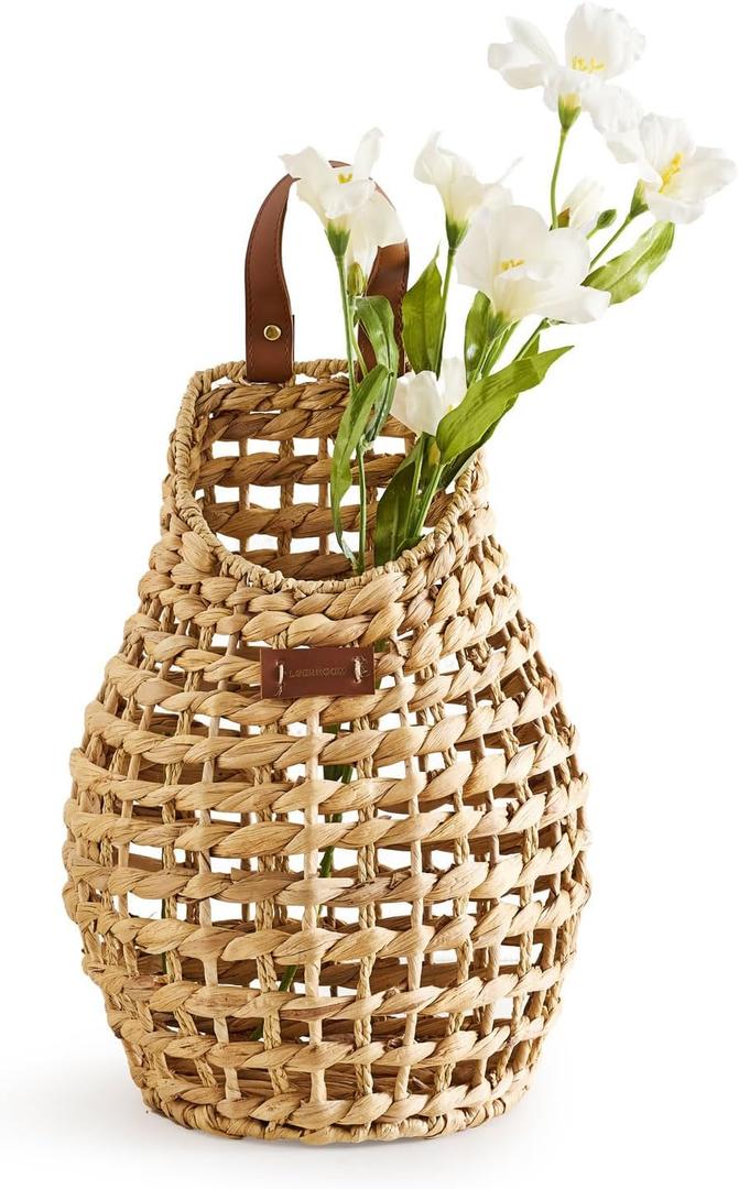 Wall Hanging Pocket Basket Open Weave Water Hyacinth Storage Belly Basket Decorative Boho Mounted Organizer for Flower Plants