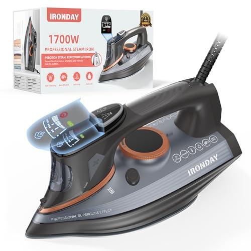 Amazon.com: IRONDAY Steam Iron for Clothes with LCD Screen, 1700W Iron Non-Stick Ceramic Soleplate, Auto Shutoff, Self-Cleaning, Anti-Drip, Steam Burst, Spray Mist 10.14oz Water Tank Ironing Clothes for Home,Grey : Home & Kitchen