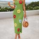 ZESICA Women's Summer Knit Bodycon Midi Dress 2026 Sleeveless Floral Crewneck Color Block Long Beach Party Dresses (L)