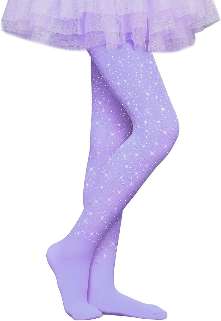 Girls Sparkle Rhinestone Tights Ultra-Soft Footed Dance Stockings Cospaly Accessories (Medium, Purple)