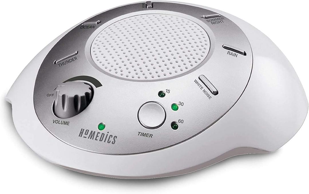 Homedics SoundSleep White Noise Sound Machine, Silver, Small Travel Size with 6 Relaxing Nature Sounds, Portable Therapy for Home, Office, Nursery, Auto-Off Timer