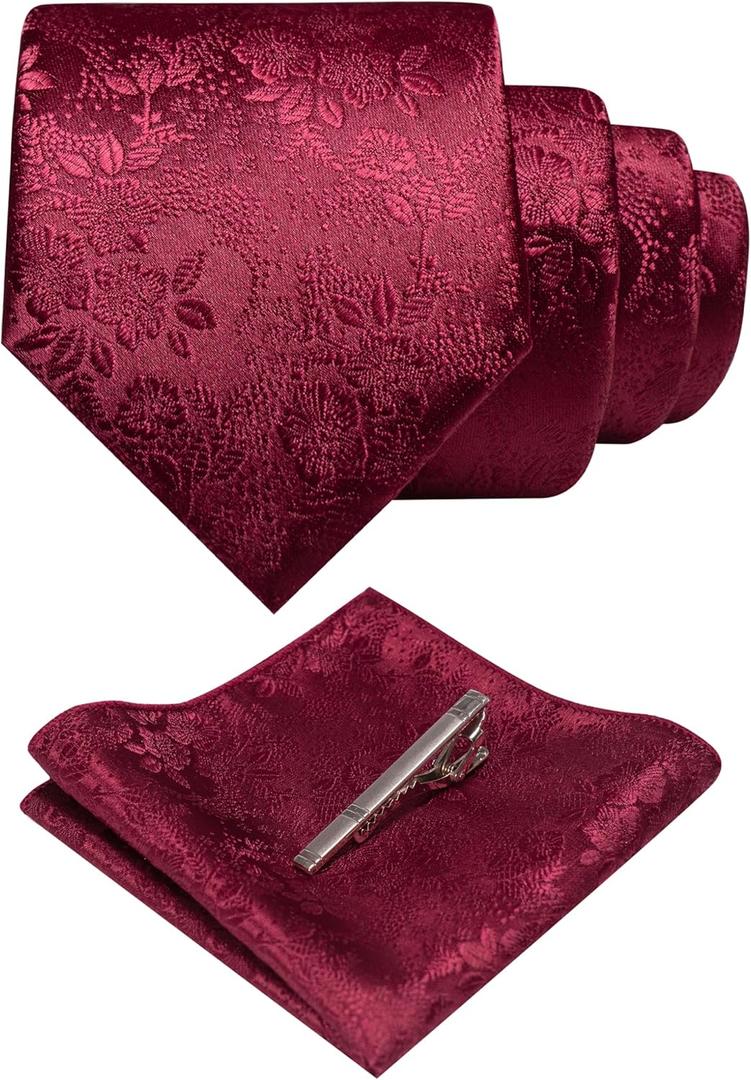 JEMYGINS Floral Necktie and Pocket Square Tie Clip Sets for Men (Burgundy)