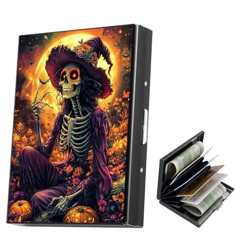 Tudguiloae Black Metal Card Holder Wallet, RFID Blocking Multi-Slot Design, Witch Print, Slim Aluminum Case for Credit Cards Cash ID, 3.7x2.56 Inch