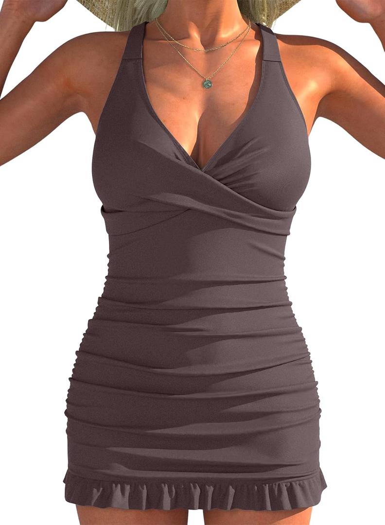 Aleumdr Women Retro Tankini Swimdress Tummy Control Bathing Suits Two Piece Tankini Tops with Bikini Bottoms Twist Swimwear (XX-Large, Dark Brown)