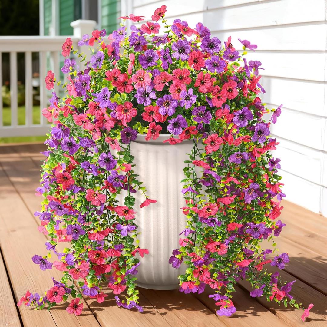 Artificial Hanging Flowers for Outdoors, 2 Pcs Fake Hanging Plant Spring Summer Decoration, UV Resistant No Fade Faux Silk Daisy Flower for Planter Porch Patio Yard Garden Decor(Purple Hot Pink)