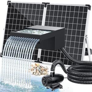 POPOSOAP 55W Solar Pond Waterfall Spillway with Fountain Pump, 304 Stainless Steel & Filtration System Pond Waterfall, 9.8FT Tubing for Koi Ponds, Garden Fountains & Landscape Water Features-P5552S