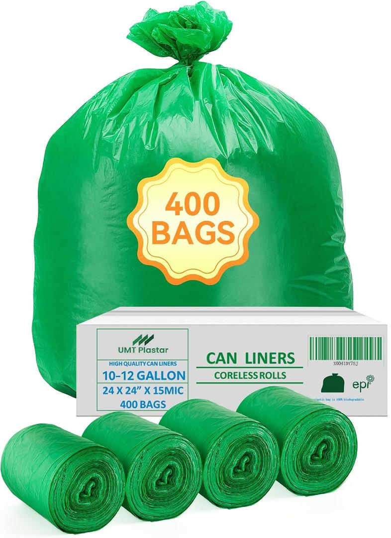 UMT Plastar 400 Count 10-12 Gallon Compostable Trash Bags, 24x24 Inch Biodegradable Kitchen Garbage Bags