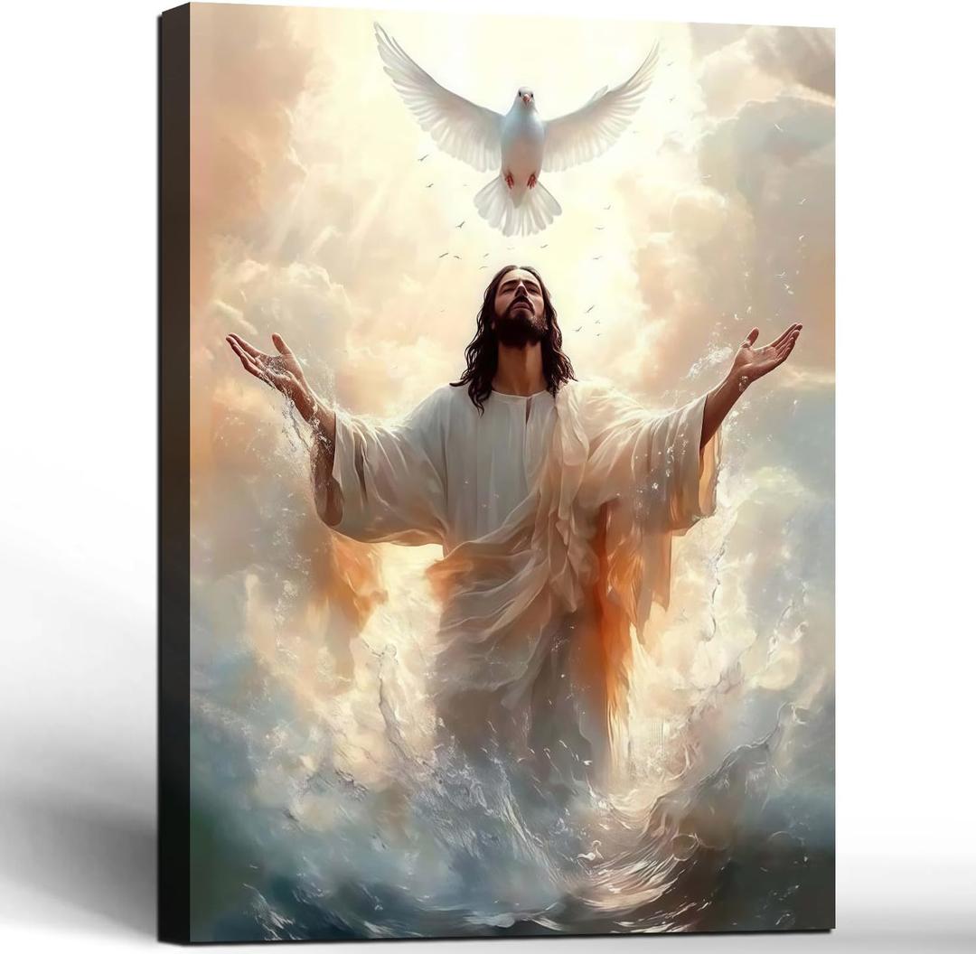 Framed Jesus Canvas Wall Art White Dove 16x24 Ready to Hang in churches | Framed Jesus canvas wall art with white dove faith decor for living room bedroom or church 16x24 inch ready to hang