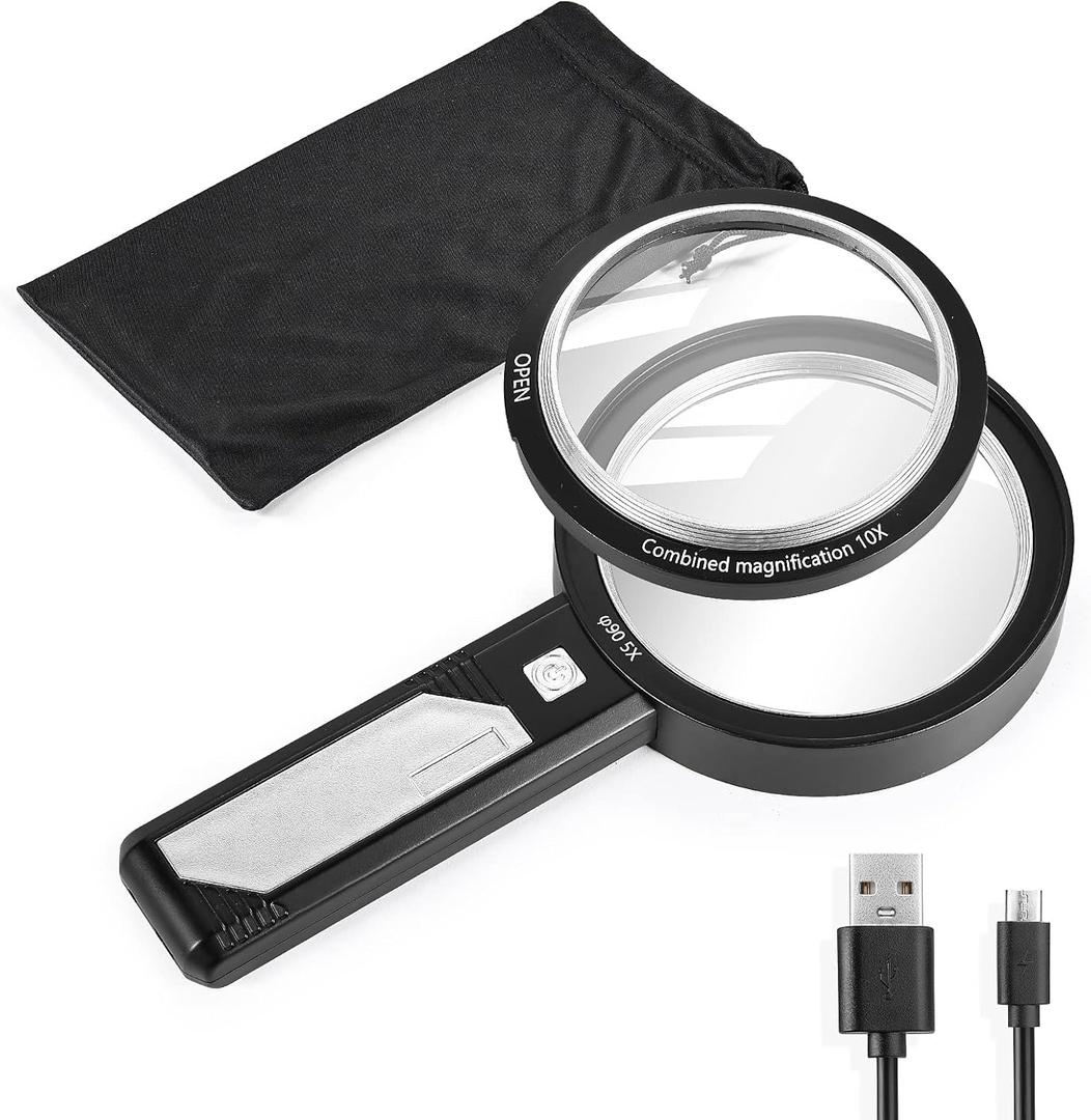 Magnifying Glass with Light, USB Rechargeable 5X 10X 15X Handheld Magnifying Glass Double Lens Magnifier 8 Light for Reading Small Prints, Seniors Reading, Books, Map, Coins