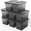 8-Pack Clear Black Plastic Storage Bins with Lids/Handles, 7 Quart Latch Organizer Boxes, Stackable Storage Containers for Organizing