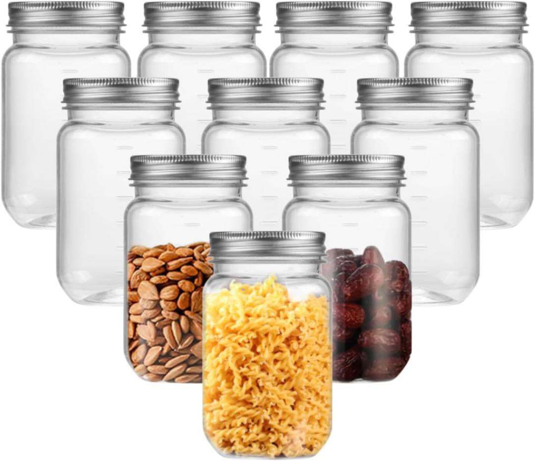 Clear Mason Jars 16 Ounce Plastic Storage Containers With Lids 10 Pack Plastic Jars,BPA FreeSliver