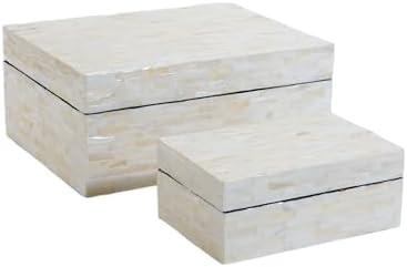 PEMAR Set of 2 Mother of Pearl Decorative Boxes w Lids, Handmade Mosaic Keepsake Jewelry Box Rectangular Treasure Chest, Shelf Decorative Wooden Box for Memory Tea Bags Coffee Accessories (White)