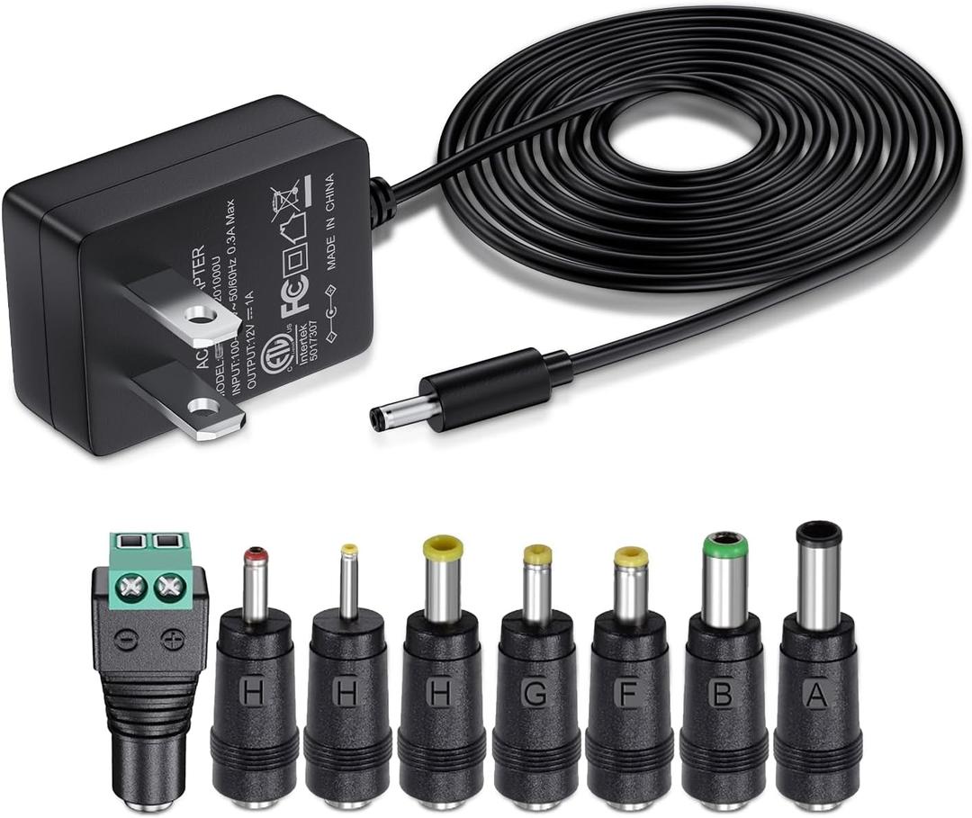 SoulBay 12V 1A AC Adapter Charger Replacement w/8 Tips, Regulated Power Supply Cord for LED Strip Light, CCTV Camera, BT Speaker, GPS, Webcam, Router, DC12V Transformer with ETL Certificate