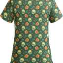 St. Patrick's Day Scrub Tops for Women Stretch Vneck Shamrock Clover Printed Nurse 2 Pockets Holiday Working Uniforms (XL)