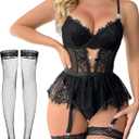 Women Lingerie Set Naughty Lace Bodysuit High Waisted Underwire Lingerie Babydoll With Garter Belt and Stockings (Black, XXXL)