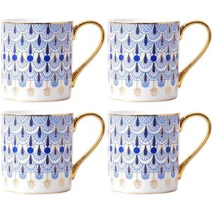 CHOOLD 4pcs British Style Blue Floral Porcelain Coffee Mug with Golden Handle Spoon - 12 oz