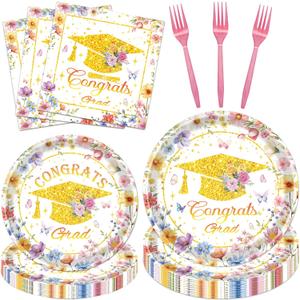Floral Graduation Decorations 2026-96 Pcs Floral Congrats Grad Plates Napkins Forks Class of 2026, Flower Graduation Party Tableware Set for College High School Serve 24