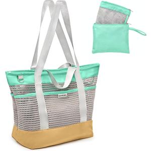 Mesh Beach Bag for Women - XXL 28L Foldable Tote, Sandproof Waterproof Bottom, Zippered Top, 7 Pockets, Lightweight Packable Pool Swim Bag for Travel, Cruise, Vacation