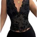 Milumia Women's V Neck Lace Tank Top Y2k Sleeveless Sheer Mesh Crop Tops Rave Clubbing Size L