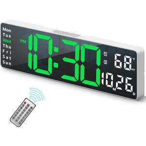 Digital Clock, Digital Wall Clock for Living Room Decor, Desk Alarm Clock for Bedroom, Large Wall Clock with Remote Control, Automatic Brightness Dimmer LED Clock with Date Temperature Week (Green-W)
