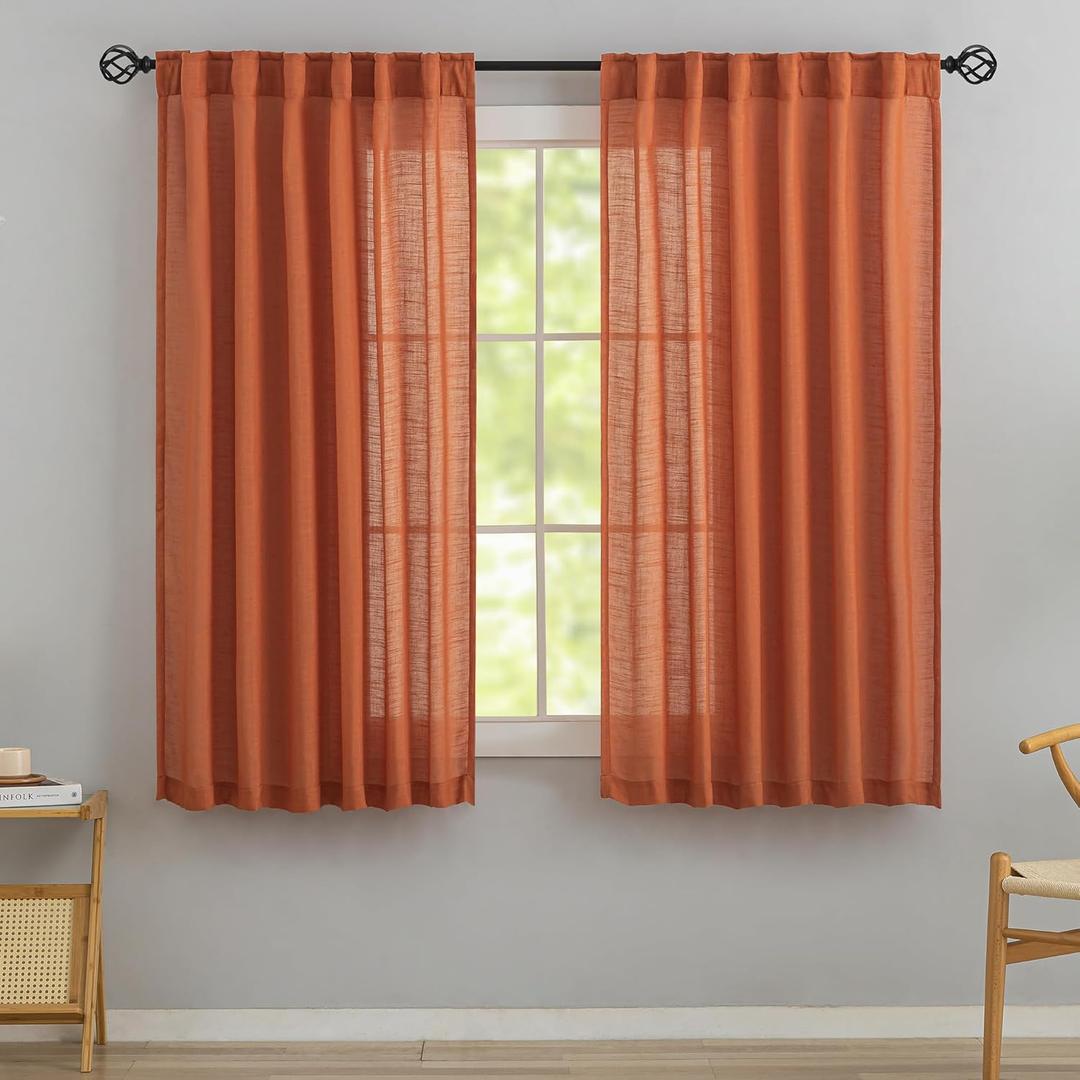 Burnt Orange Linen Back Tab Curtains 64 Inches Long 2 Panels Set for Girls's Room - Modern Cottagecore Rod Pocket Semi Sheer Privacy Drapes Hooks Light Filtering Short Curtains 52 x 64 Inch Length