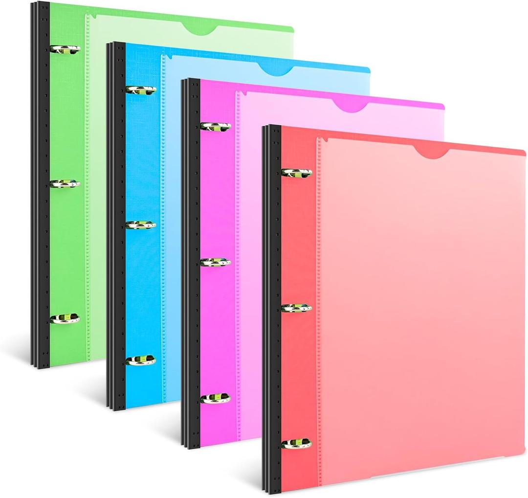 INFUN 1 Inch Telescoping 3 Ring Binder - 4PCS, Flexible Round Binder with Customizable Front Cover and Clear Catalog Pocket, 1Inch Rings, 225 Sheet Capacity (Red+pink+ Blue+green)
