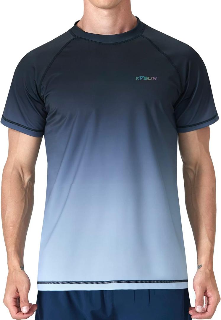 Mens Swim Shirts UPF 50+ Sun Protection Quick Dry SPF Rash Guard Outdoor Beach Fishing T Shirts, Large