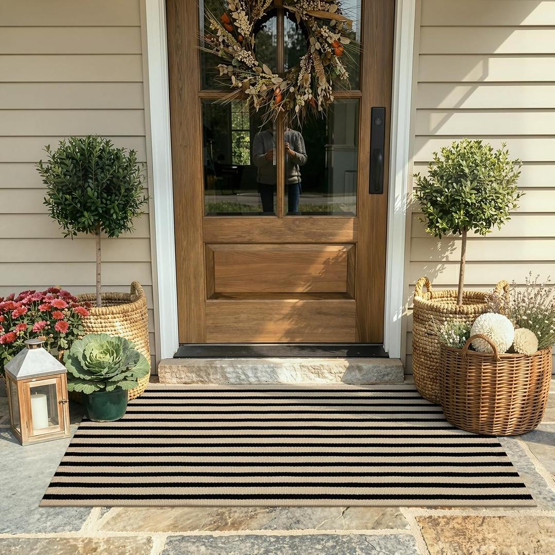 KIMODE Front Door Mats 24"x51", Machine Washable Farmhouse Front Porch Rug Decor, Striped Layered Door Mats Outdoor, Cotton Hand Woven Entryway Rug for Entry, Doorway, Kitchen Black and Khaki