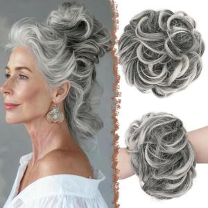 FESHFEN Large Messy Bun Hair Piece - Wavy Synthetic Chignon Scrunchies Elastic Ponytail Hair Extensions Thick Hairpieces for Women, Black Gray and White Tips 1.94oz